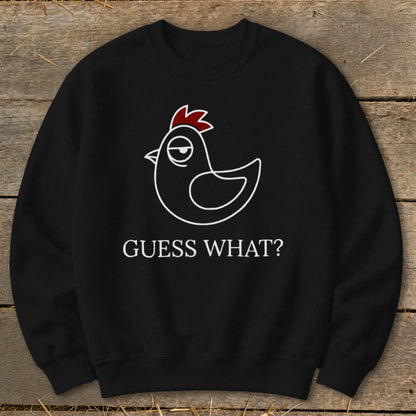 Black sweatshirt with a white outline chicken graphic and text "GUESS WHAT?".