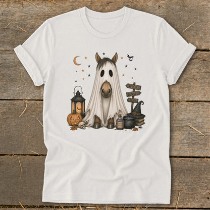 Horse wearing a ghost costume with Halloween decorations and a spooky sign.
