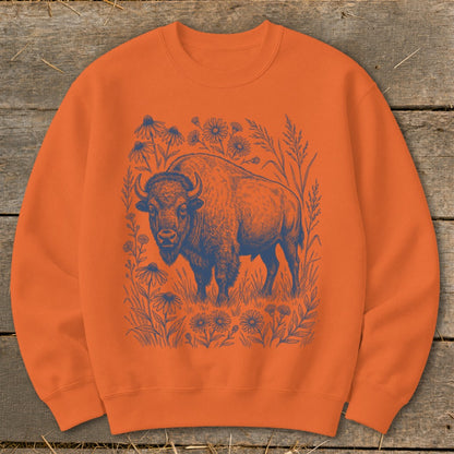 Orange sweatshirt with a blue line art design of a bison surrounded by wildflowers.