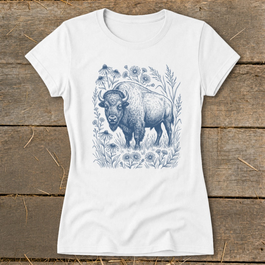 White t-shirt with a detailed blue ink illustration of a bison surrounded by wildflowers.