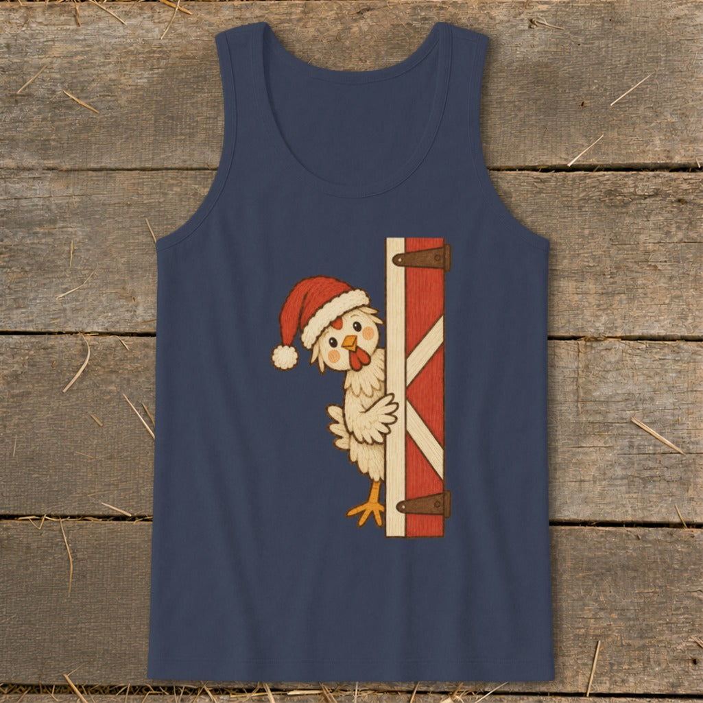 Navy tank top with a cute cartoon chicken wearing a Santa hat peeking from a barn door.