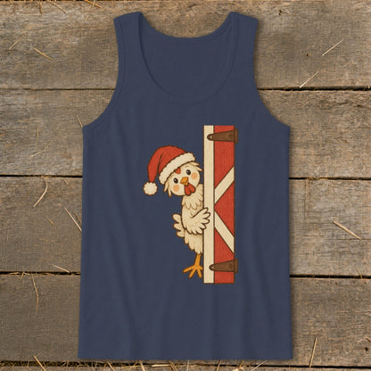 Navy tank top with a cute cartoon chicken wearing a Santa hat peeking from a barn door.