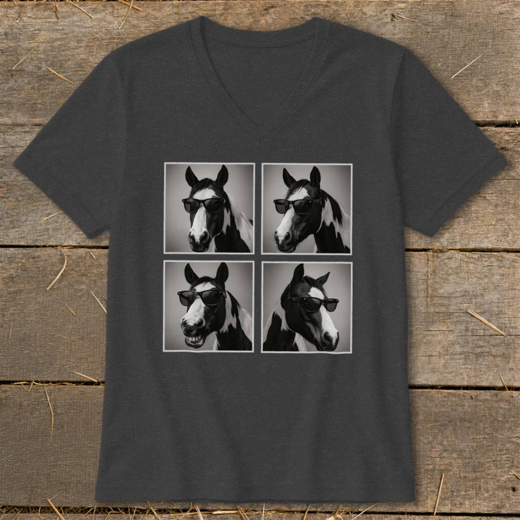 Four black and white portraits of a horse wearing sunglasses on a dark grey t-shirt.