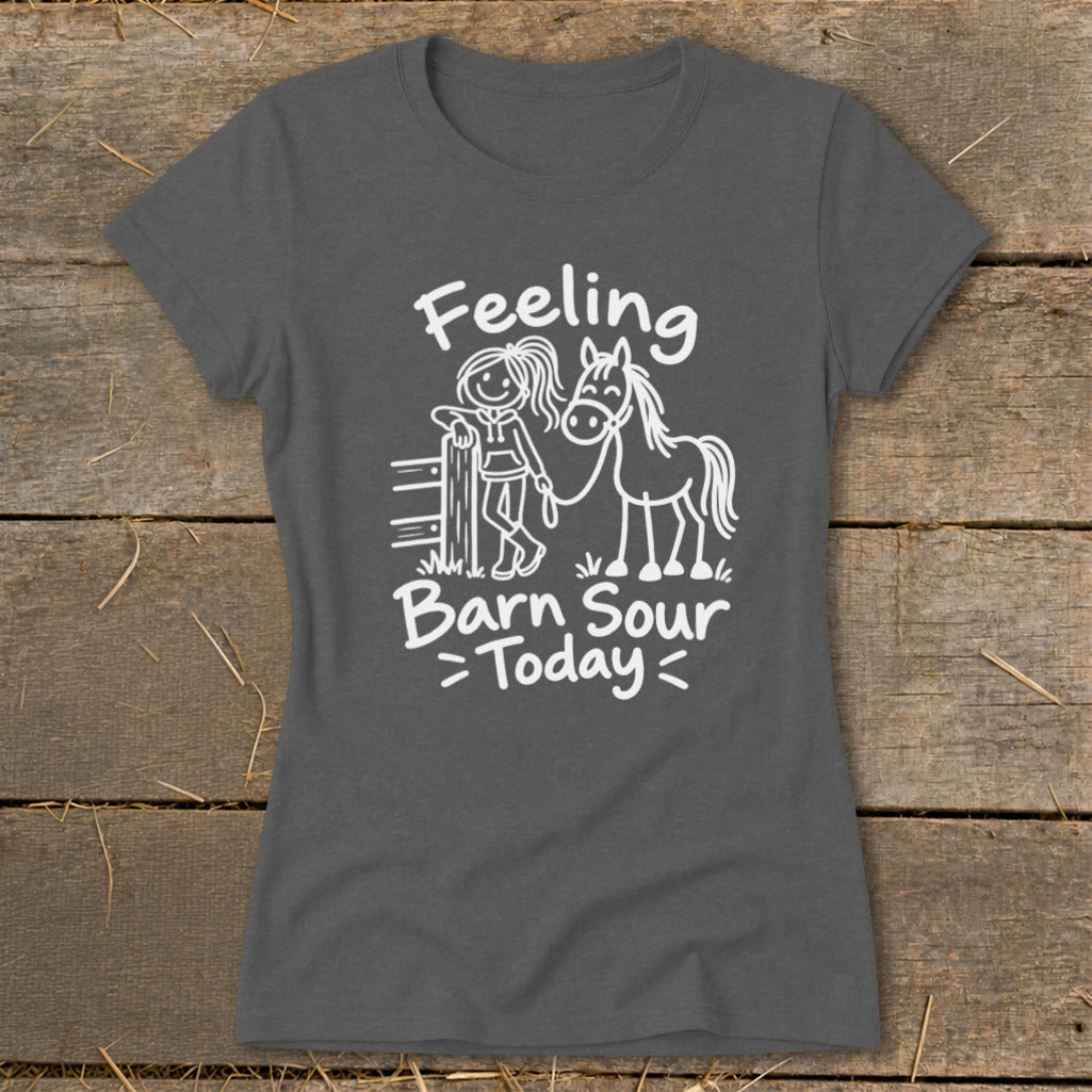Dark grey t-shirt with white text and illustration of a girl with a horse.