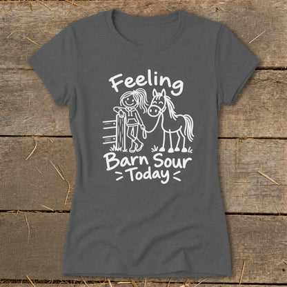 Dark grey t-shirt with white text and illustration of a girl with a horse.