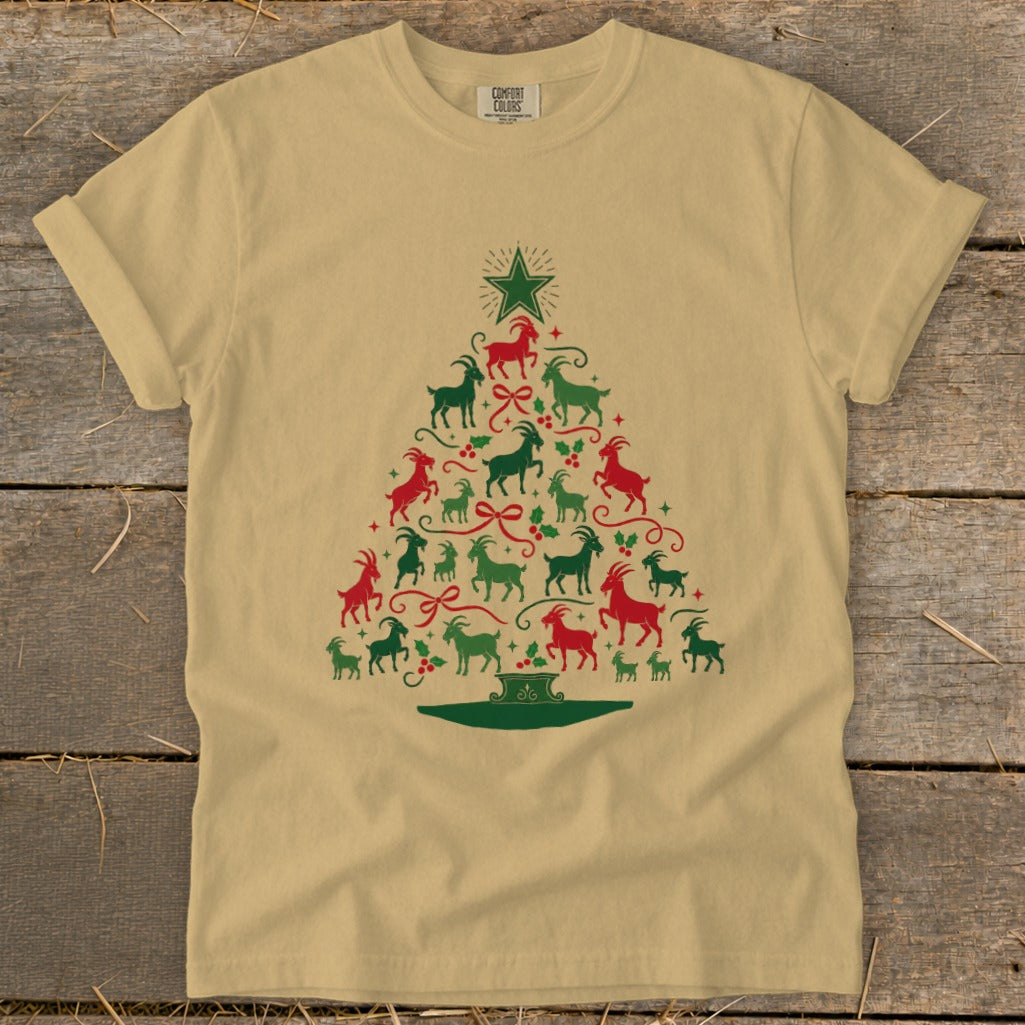 Light tan t-shirt with a Christmas tree made of red and green goats.