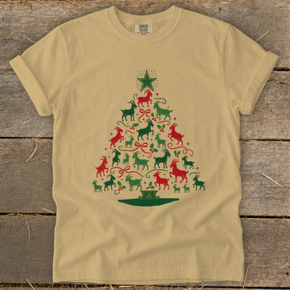 Light tan t-shirt with a Christmas tree made of red and green goats.
