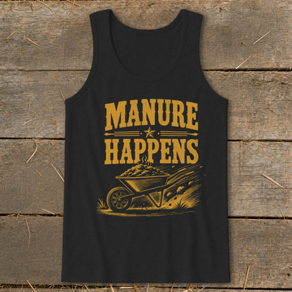 Black tank top with yellow "Manure Happens" text and wheelbarrow graphic.