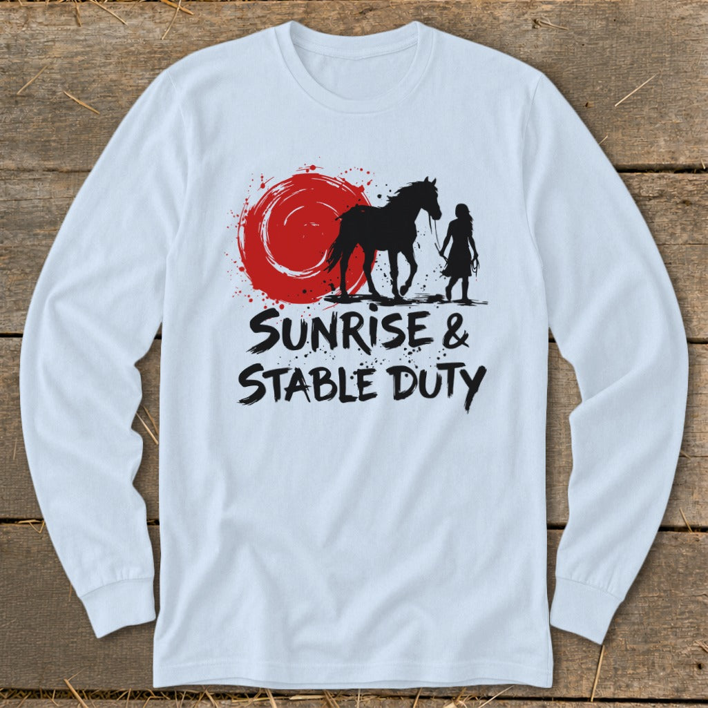 Long-sleeve shirt with "Sunrise & Stable Duty" text and horse and rider silhouette.