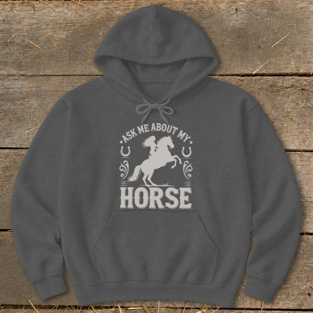 Dark grey hoodie with "Ask Me About My Horse" graphic featuring a rider on a horse.