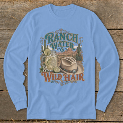 Light blue long sleeve t-shirt with "Ranch Water Wild Hair" graphic.