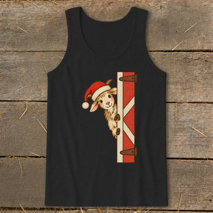 Black tank top with a cartoon goat wearing a Santa hat peeking from behind a red barn door.