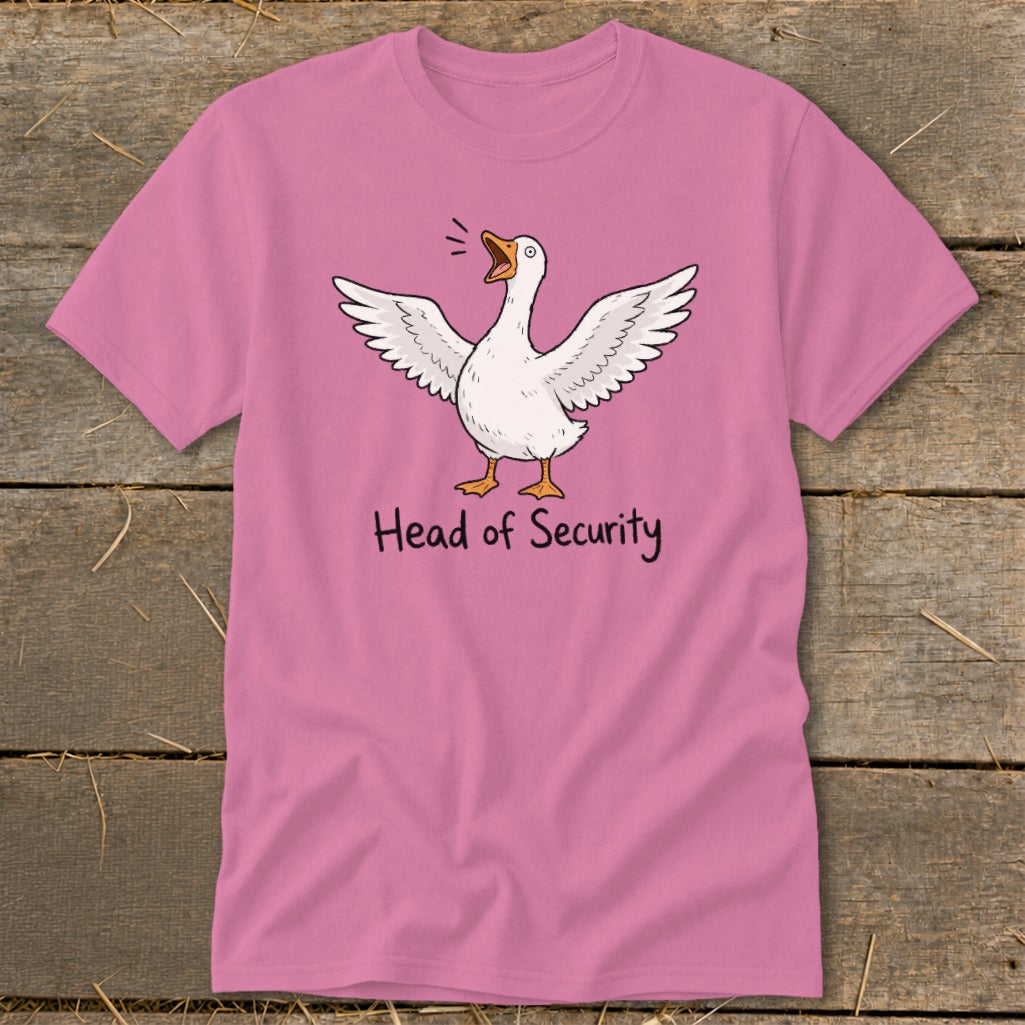 Pink t-shirt with a goose graphic and the text "Head of Security".