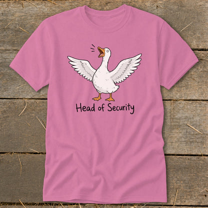Pink t-shirt with a goose graphic and the text "Head of Security".