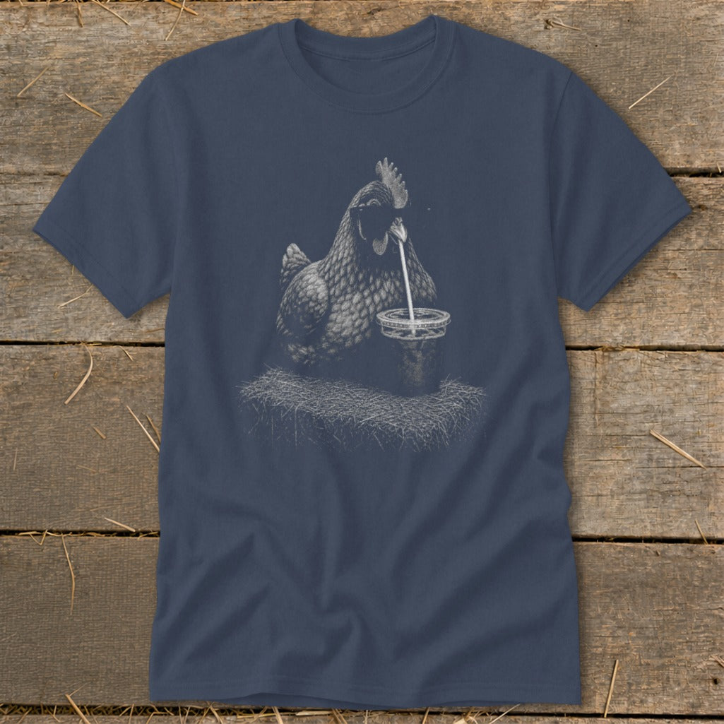 Line drawing of a chicken drinking from a cup with a straw, on a dark t-shirt.