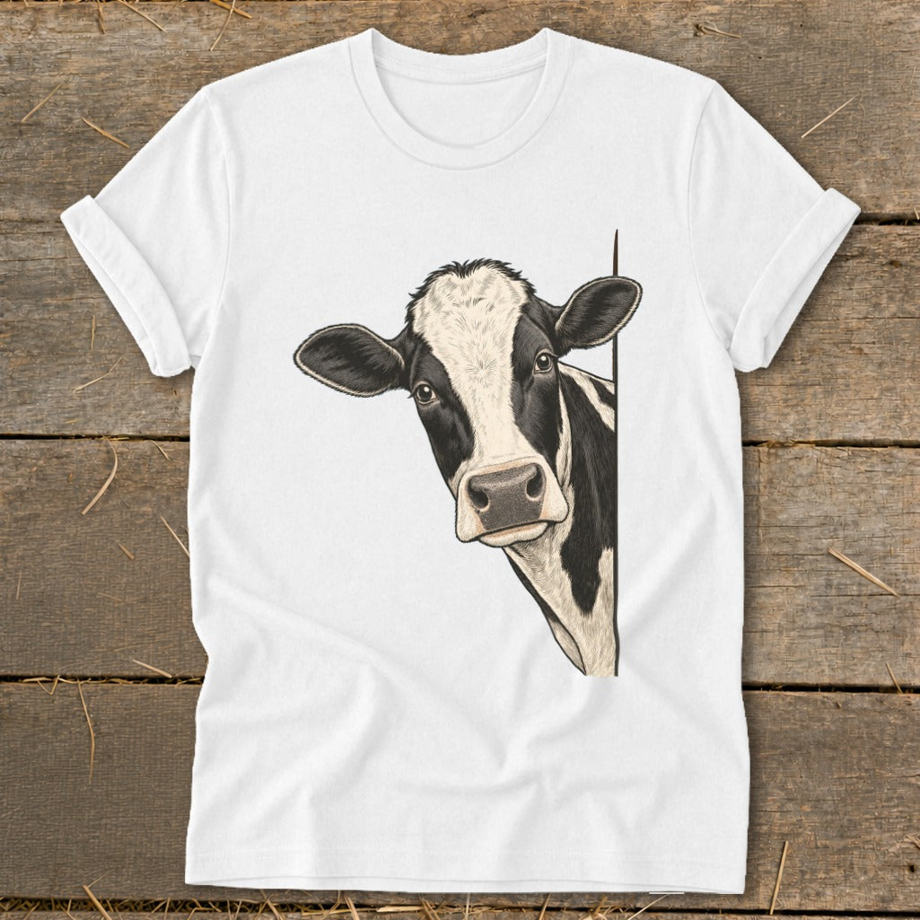 White t-shirt with a black and white cow peeking around the side.
