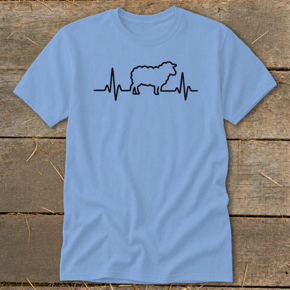 A light blue t-shirt with a black graphic of a sheep integrated into a heartbeat line.
