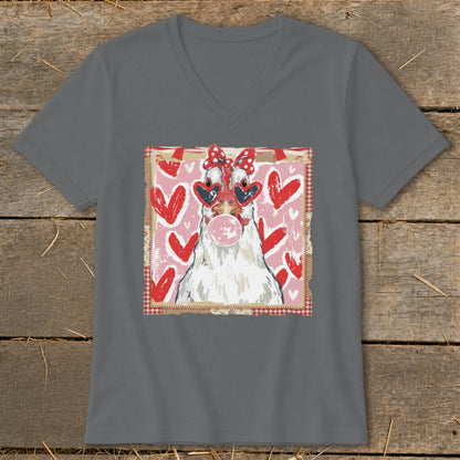 Chicken wearing heart sunglasses and bow, blowing bubble gum, surrounded by hearts.