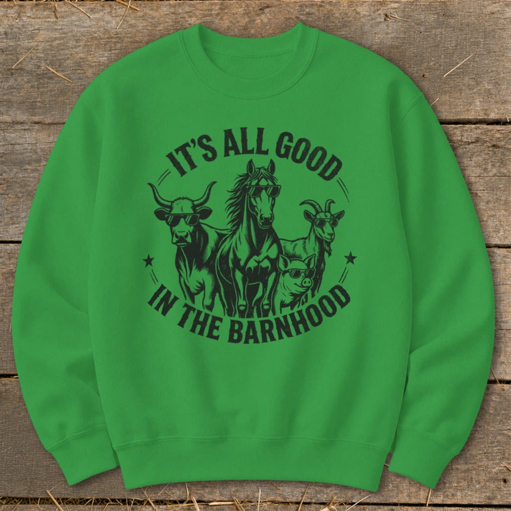 Green sweatshirt with black graphic of cow, horse, goat, and pig wearing sunglasses.