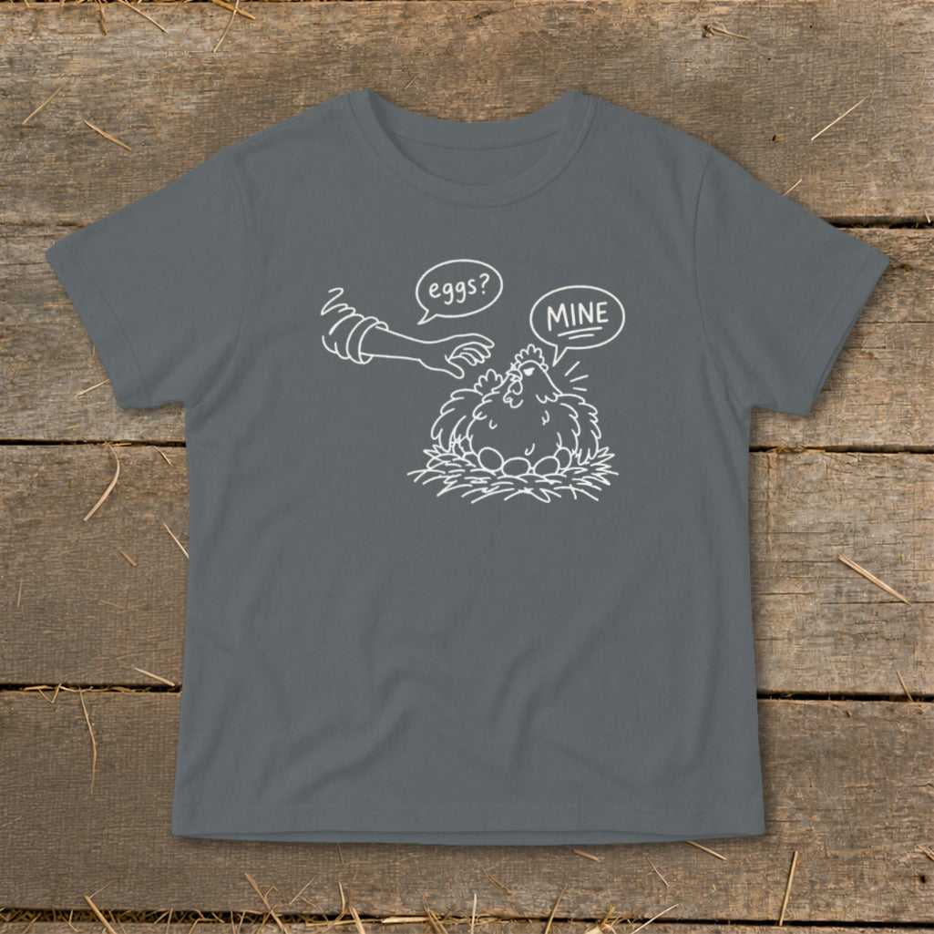 T-shirt with a line drawing of a hen protecting her eggs, with speech bubbles.