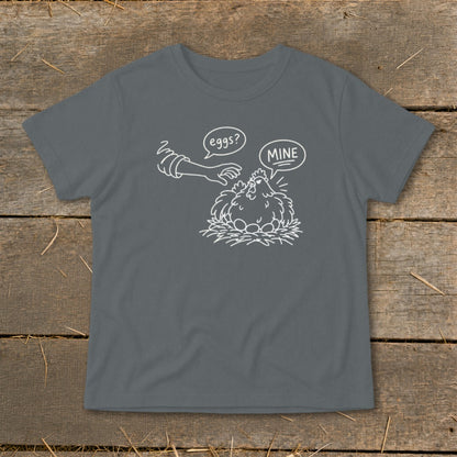 T-shirt with a line drawing of a hen protecting her eggs, with speech bubbles.