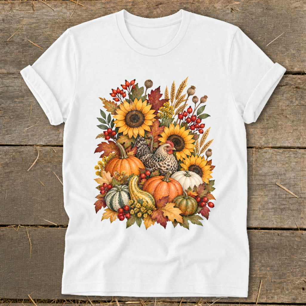 White t-shirt with fall harvest design featuring sunflowers, pumpkins, and chickens.