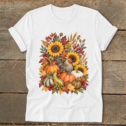 White t-shirt with fall harvest design featuring sunflowers, pumpkins, and chickens.