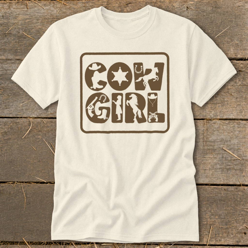Cream t-shirt with "Cowgirl" text and western-themed icons in brown.