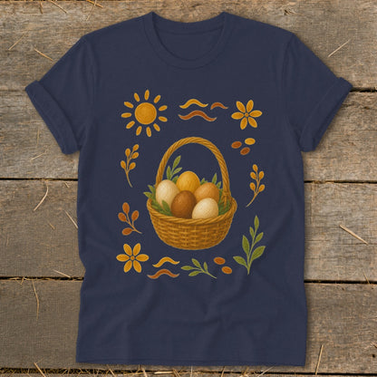 Navy t-shirt with Easter basket illustration and floral, sun, and leaf motifs.