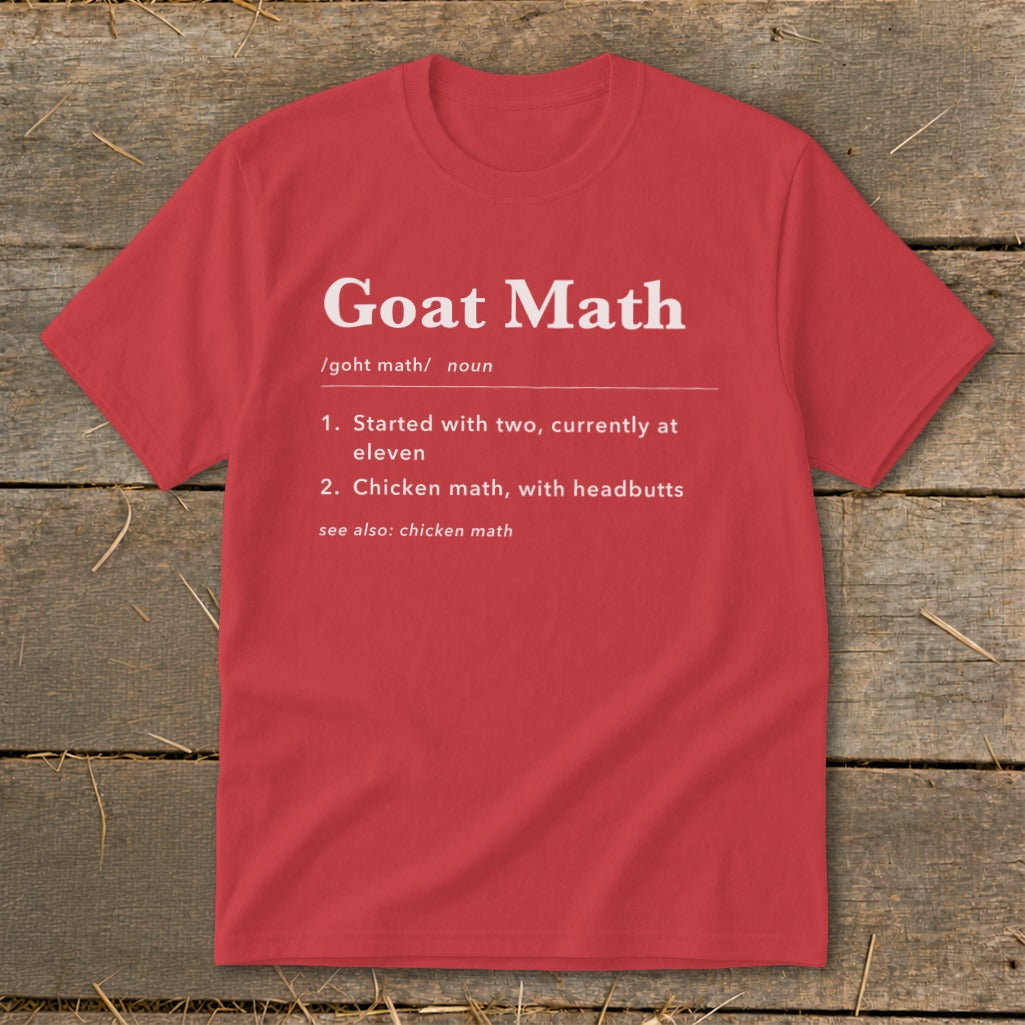 Red t-shirt with "Goat Math" definition printed on it.