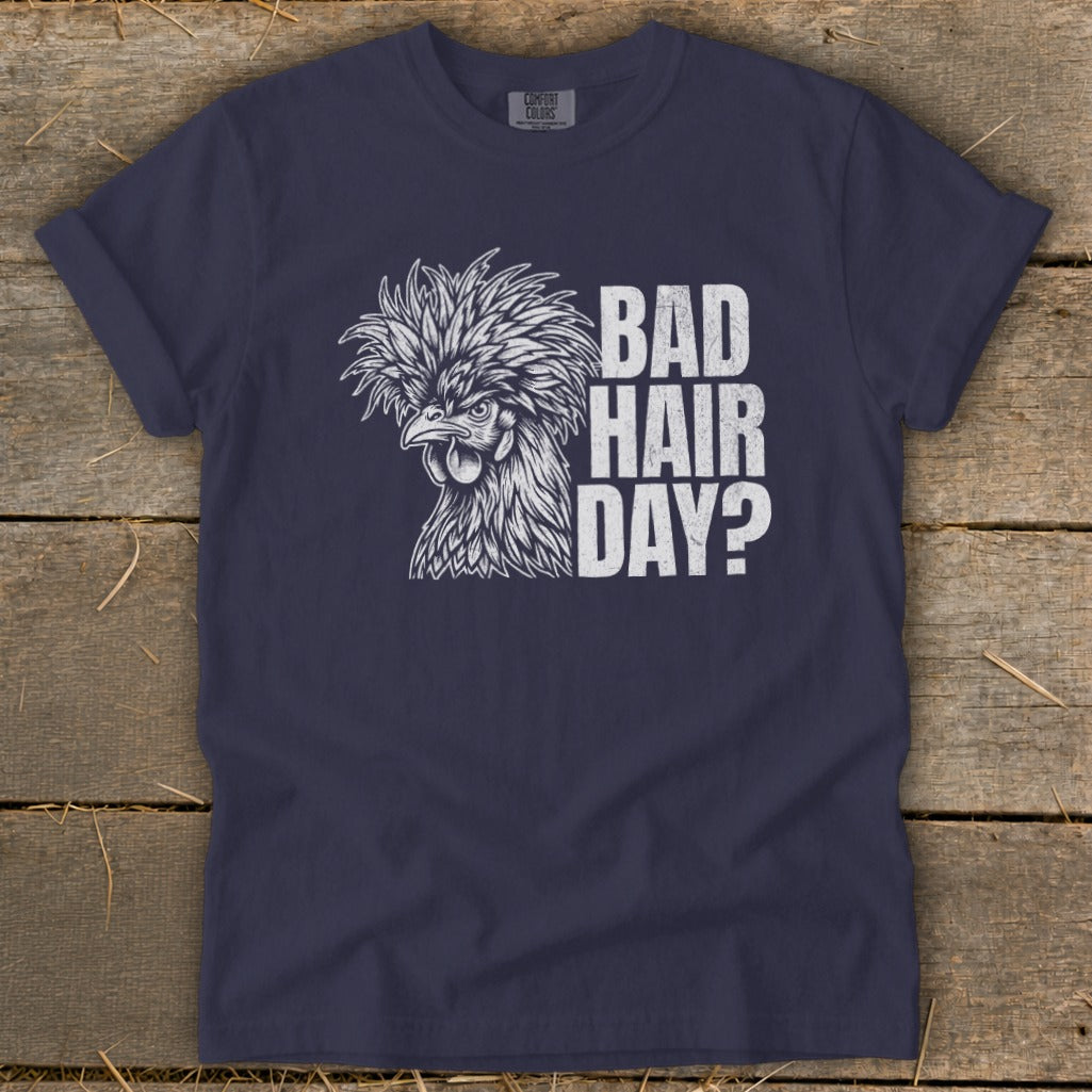 Navy t-shirt with a distressed illustration of a fluffy chicken and the text "BAD HAIR DAY?".
