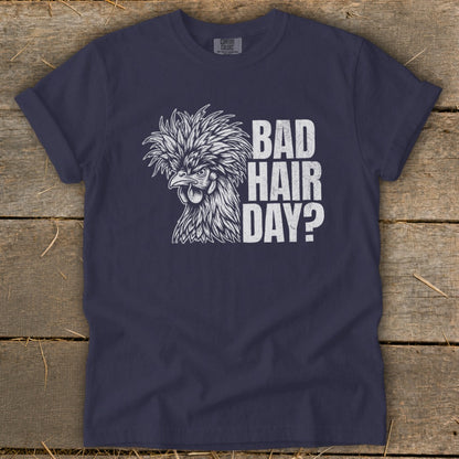 Navy t-shirt with a distressed illustration of a fluffy chicken and the text "BAD HAIR DAY?".