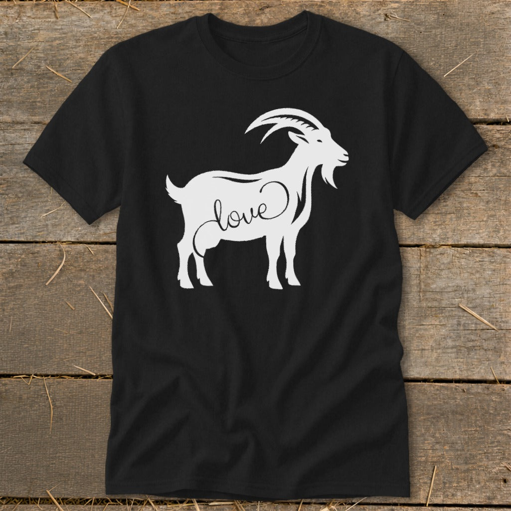 Black t-shirt with white goat graphic and the word "love" across its body.