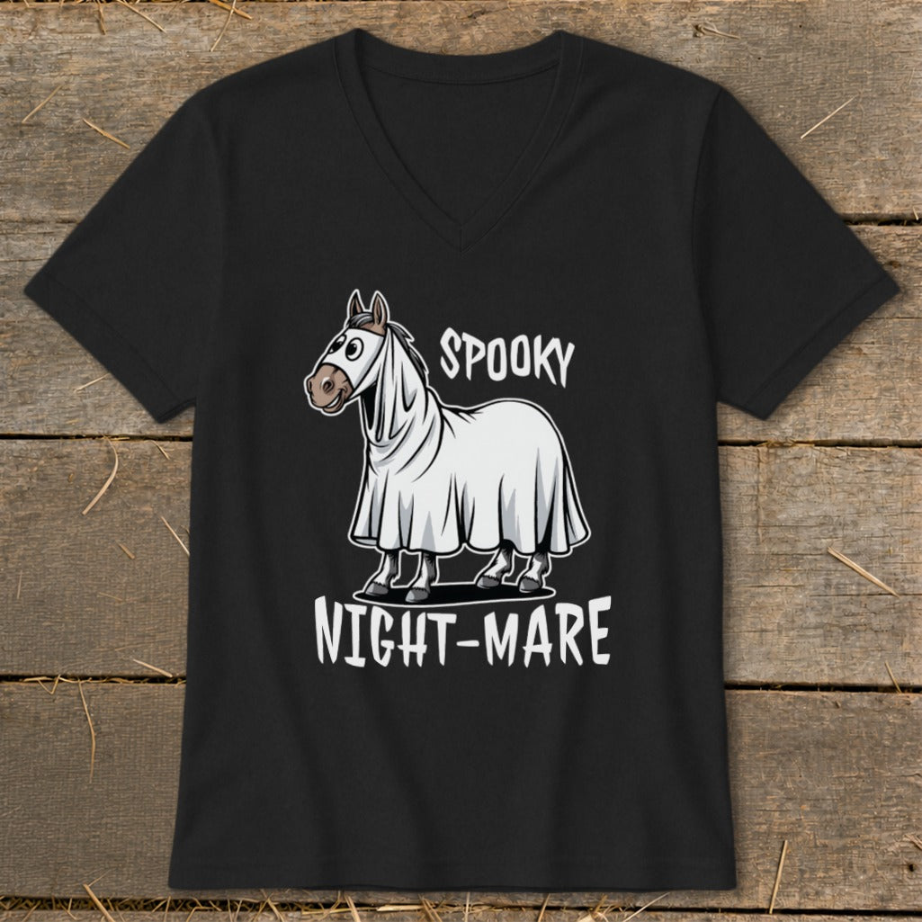 Black t-shirt with a cartoon horse dressed as a ghost saying "Spooky Night-Mare."