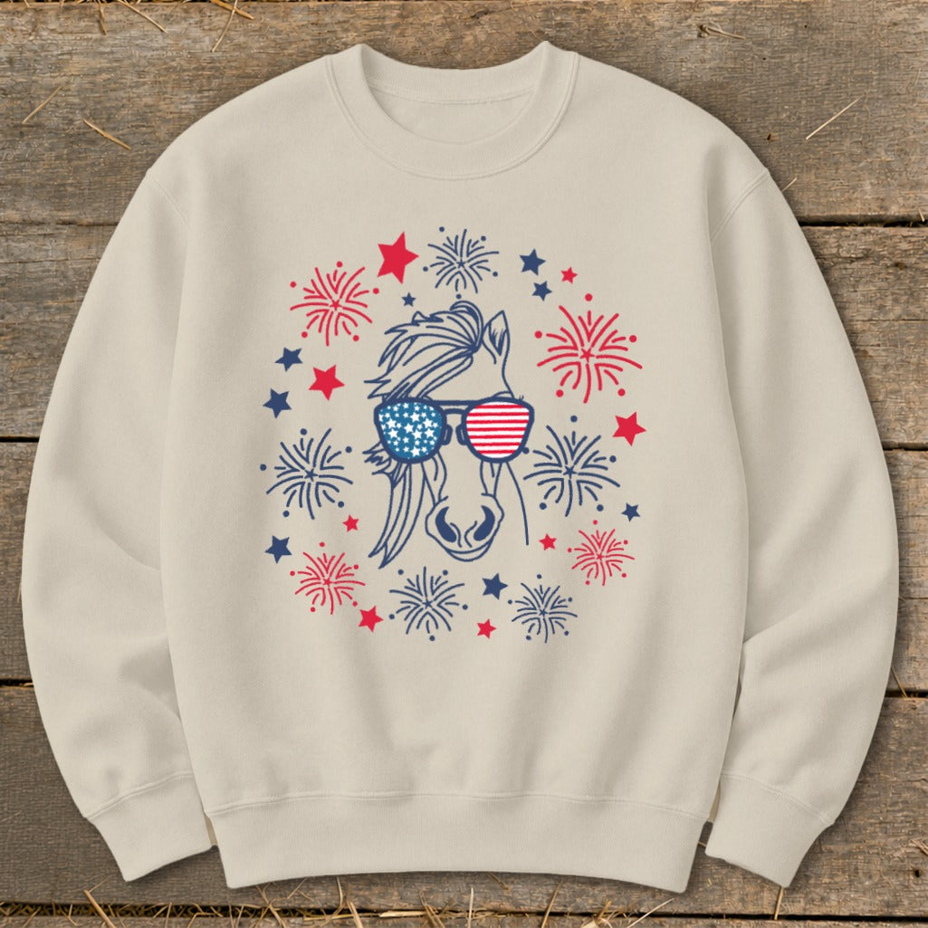 Crewneck sweatshirt with a horse wearing American flag sunglasses surrounded by fireworks.