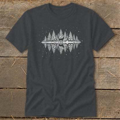 Dark grey t-shirt with a white graphic of a deer and forest reflected in water.
