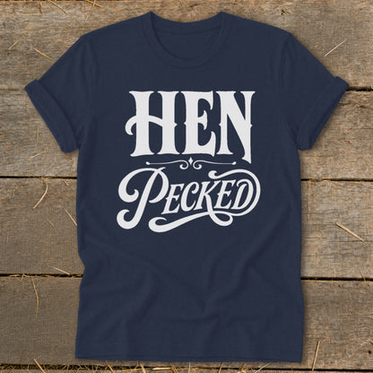 Navy t-shirt with "HEN PECKED" in white distressed lettering.