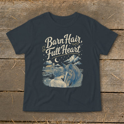 Barn Hair, Full Heart t-shirt with horse and rider in a farm scene.