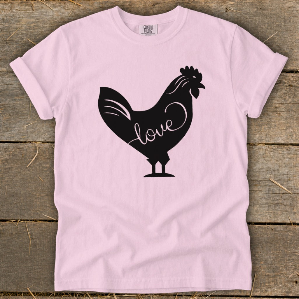 Pink t-shirt with a black silhouette rooster design featuring the word "love."