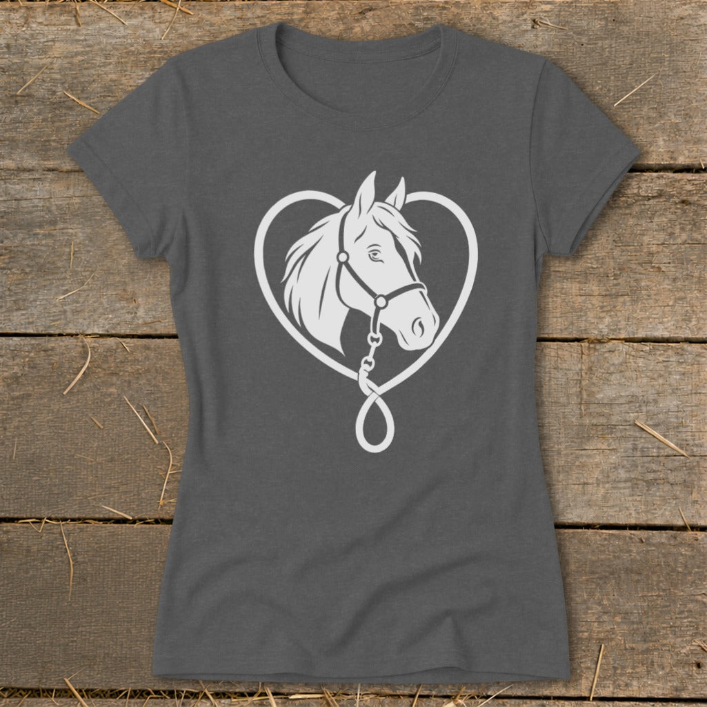 Dark grey t-shirt featuring a white graphic of a horse head inside a heart-shaped rope.