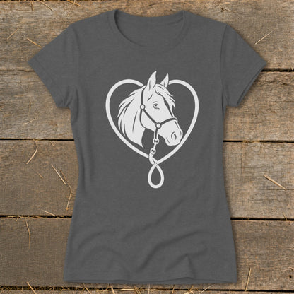 Dark grey t-shirt featuring a white graphic of a horse head inside a heart-shaped rope.