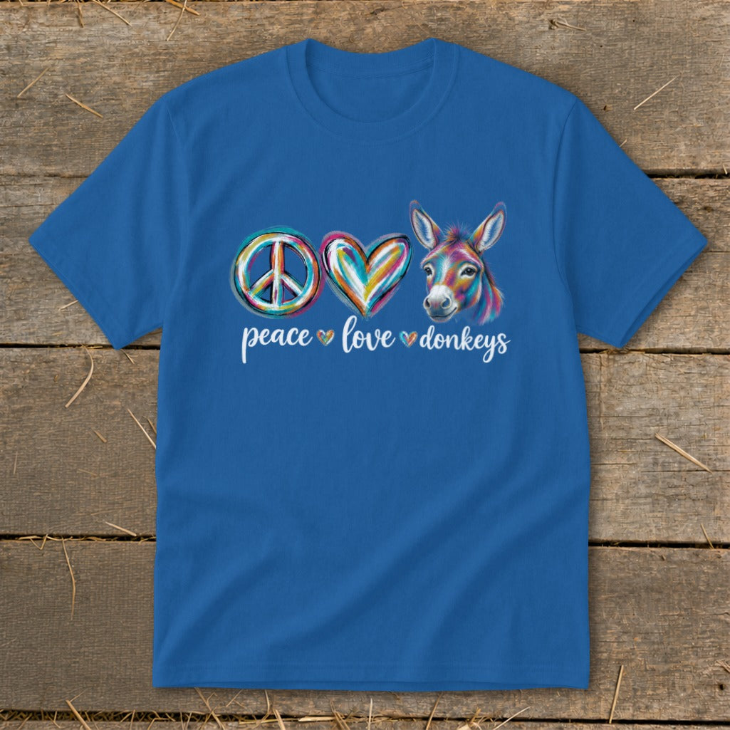 Blue t-shirt with peace, heart, and donkey art, and text "peace love donkeys".