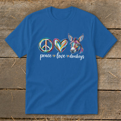 Blue t-shirt with peace, heart, and donkey art, and text "peace love donkeys".
