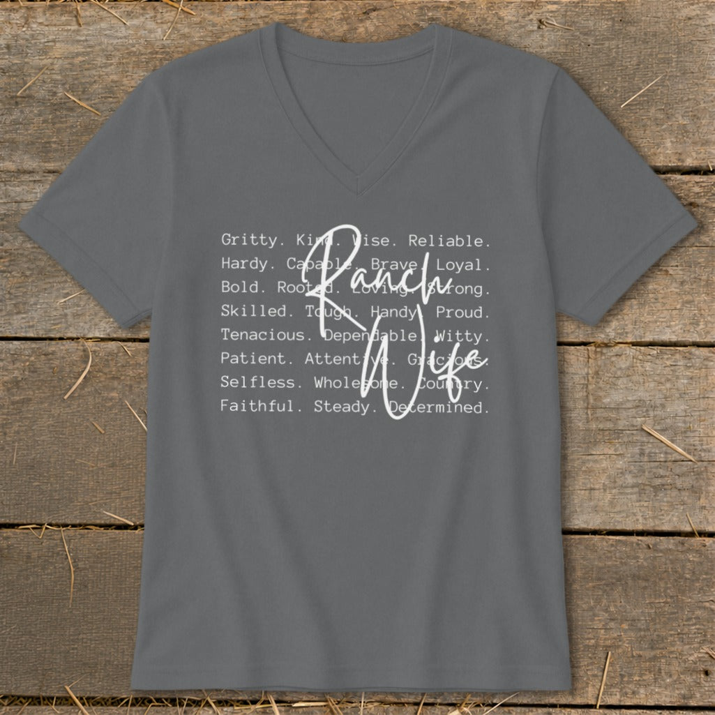 Gray v-neck t-shirt with white text listing traits and "Ranch Life".