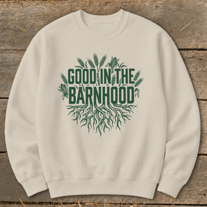 Cream sweatshirt with green "GOOD IN THE BARNHOOD" text and farm graphics.