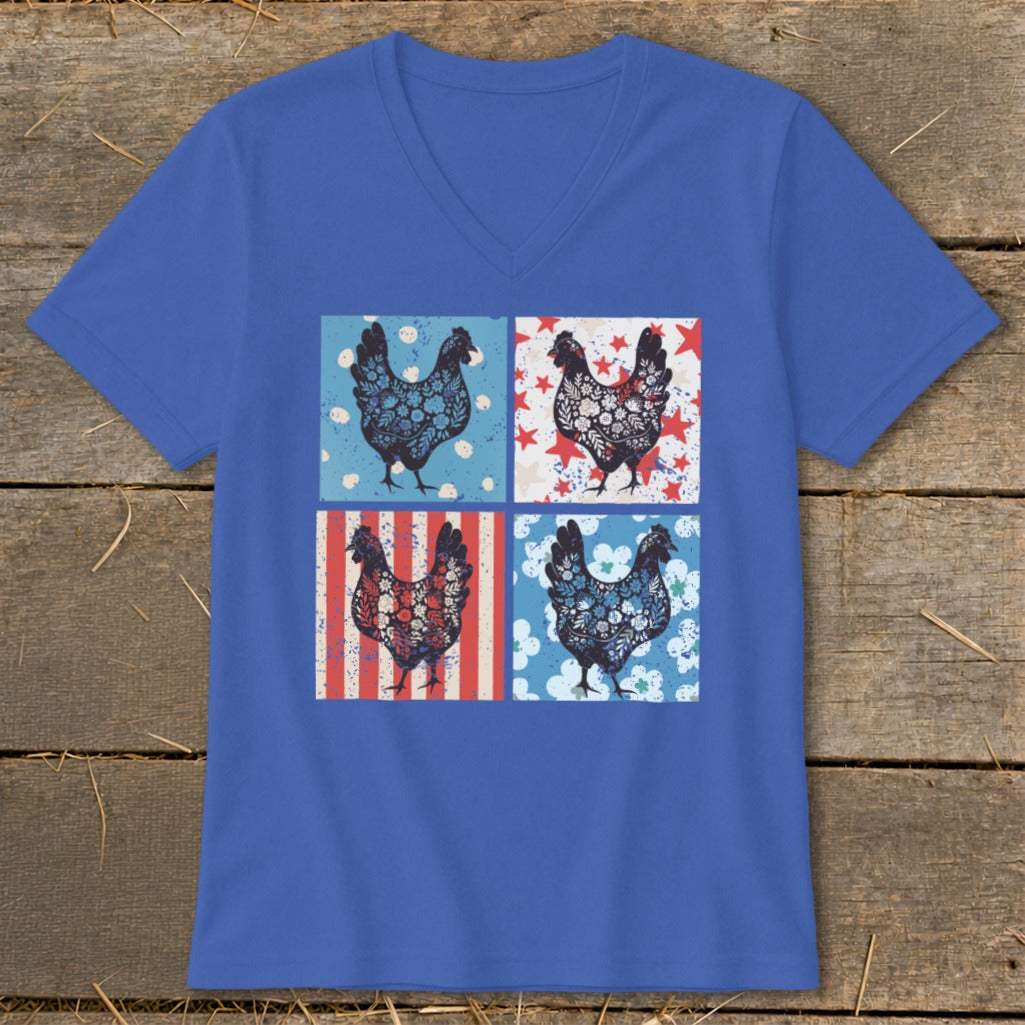 Blue t-shirt with four framed chickens in patriotic patterns.