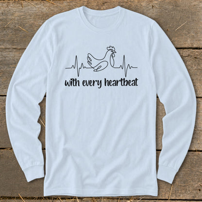 Light blue long-sleeve shirt with a line drawing of a chicken on a heartbeat line and text.