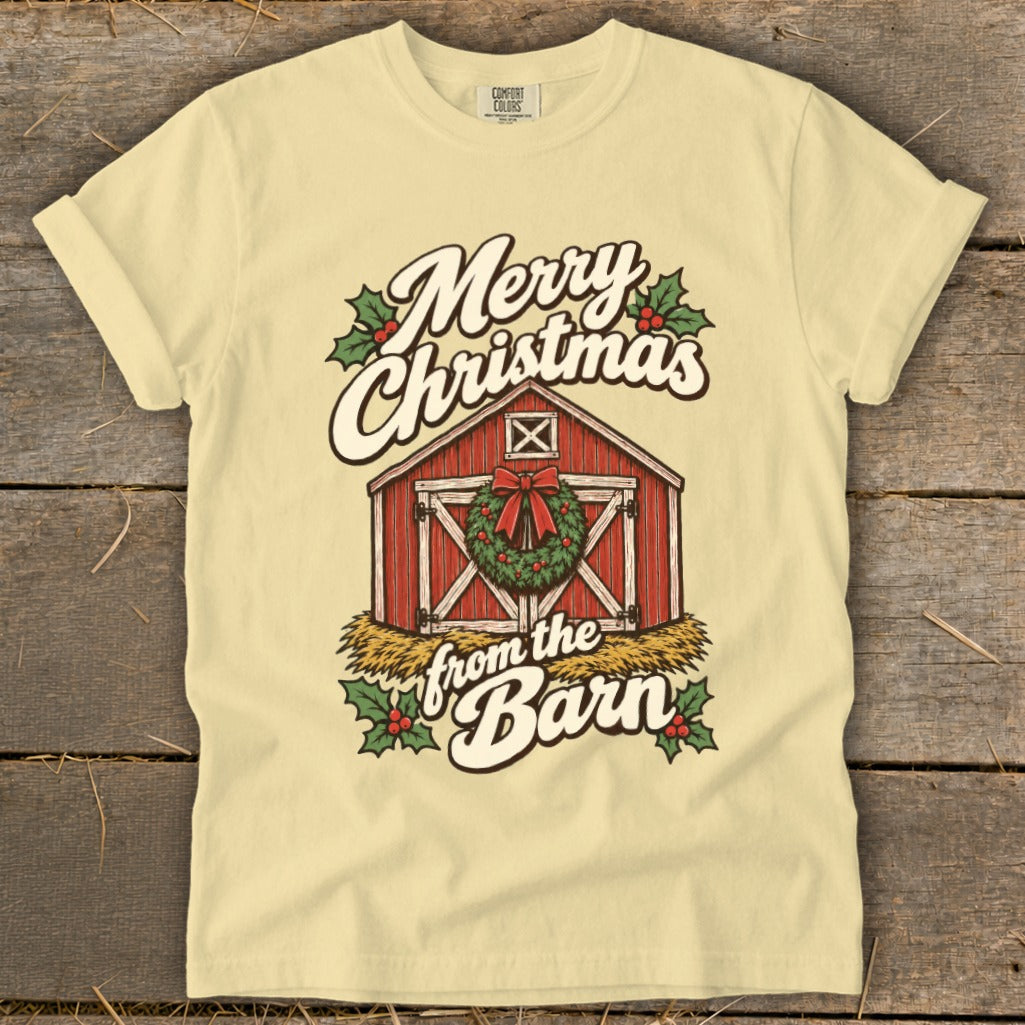 Yellow t-shirt with "Merry Christmas from the Barn" text and a barn graphic.