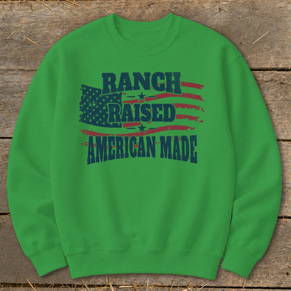 Green sweatshirt with "RANCH RAISED AMERICAN MADE" and American flag graphic.