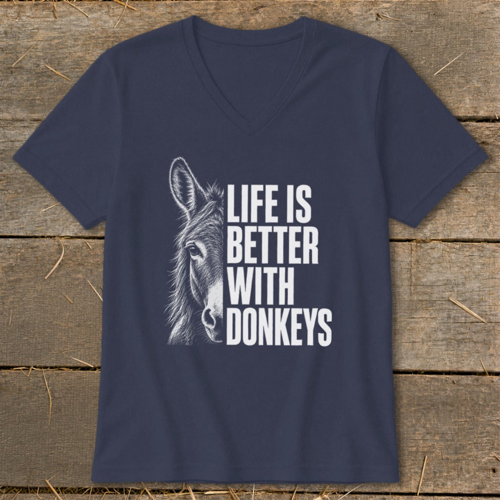 Navy v-neck t-shirt with donkey graphic and "Life is Better With Donkeys" text.